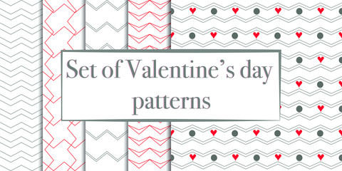 Simple ornament vector seamless patterns set. Use for ceramic tiles, wallpaper, linoleum, textiles, wrapping paper, web page, kids, postcard. Background with hearts.Valentine day, love symbol 