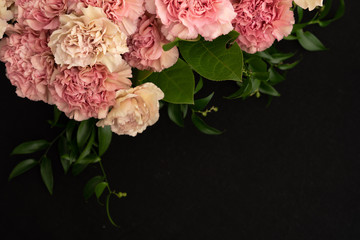 Floral blush and pink carnation flat lay flower background