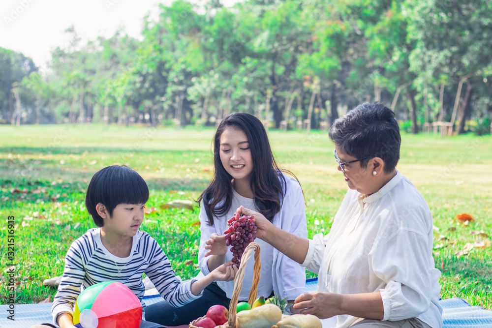 Poster Happy Asian family has leisure or picnic in park