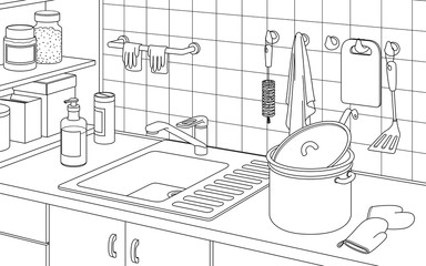 Part of the interior of the kitchen with a sink for washing dishes, a pan, tile and shelves. Black and white contour vector illustration.