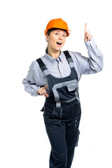 The head of the female construction team dances cheerfully and fervently. Isolated