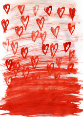 Valentine hearts red paint brush on white background. Red watercolor painting of heart shape for love concept design. Valentine`s day card heart template.