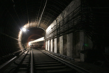 Tunnel with a train passing ahead in the distance