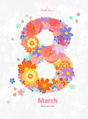 stylized meadow flowers in the shape of a eight on grunge backgr