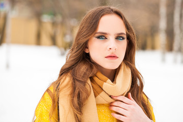 Make up beauty. Portrait of a young beautiful woman in winter park