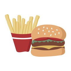French fries and burger. Fast food illustration. Hand drawn illustration