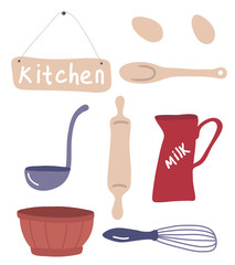 Cooking utensils set.Hand drawn kitchenware.Dough Cooking Kit
