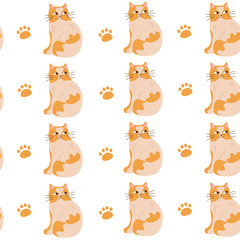 Seamless pattern of orange cats.Cat paw silhouette.Hand drawn illustration.