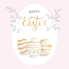 Vector illustration with Easter card with golden eggs and spring twigs. Concept with easter banner or invitation card in gentle pastel colors. Calligraphic text.