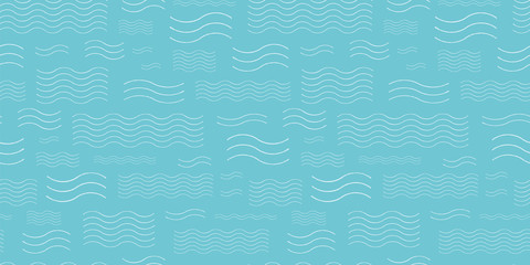 Geometric abstract hand drawn wavy ocean pattern, sea and summer mood on turquoise background. Beachy costal design for your holiday. Nature background. Print, background, stationary.