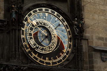 Prague. Czech. 10.05.2019: Prague Astronomical Clock in the Old Town of Prague. Beautiful, colorful, with arrows. The concept of the passing time.