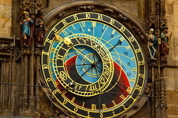 Fototapeta na wymiar Prague. Czech. 10.05.2019: Prague Astronomical Clock in the Old Town of Prague. Beautiful, colorful, with arrows. The concept of the passing time.