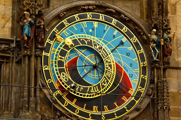 Prague. Czech. 10.05.2019: Prague Astronomical Clock in the Old Town of Prague. Beautiful, colorful, with arrows. The concept of the passing time.