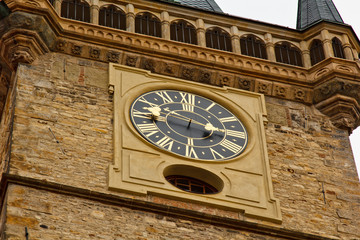 Prague. Czech. 10.05.2019: Prague Astronomical Clock in the Old Town of Prague. Beautiful, colorful, with arrows. The concept of the passing time.