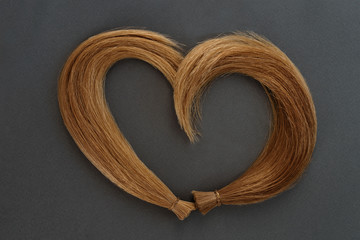 Brown curls in heart shape. Split ends concept. Haircut, healthy hair