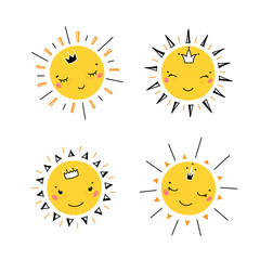 Cute Smiling Sun Little Princess Icons Vector Set. Hand Drawn Doodle Different Happy Suns with Crowns Collection for Kids, Baby, Nursery, Baby Shower