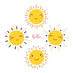 Cute Kawaii Sun Icon Vector Set. Hand Drawn Doodle Different Funny Happy Suns