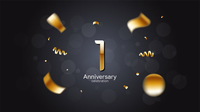 1st anniversary celebration Gold numbers editable vector EPS 10 shadow and sparkling confetti with bokeh light black background. modern elegant design for wedding party or company event decoration