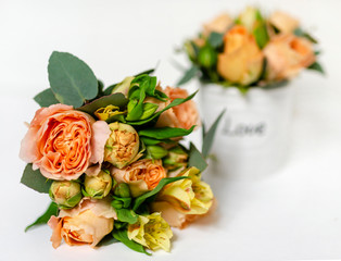 flower arrangement of orange roses and green leaves of eucalyptus in a vintage pot on a white background. partial blur. concept of holiday, love, compliment