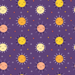 Vector Seamless Pattern with Cute Suns and Stars Print. Cartoon Doodle Funny Happy Sun Face Vector Illustration. Sky Purple Background for Kids Fashion, Nursery, Baby Shower Scandinavian Design