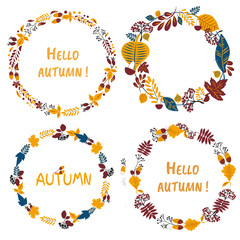 Vector wreath set, handdrawn colorful leaves and the inscription Hello Autumn..Autumn mood, harvest