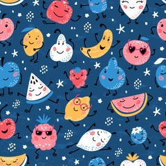 Colorful Vector Seamless Pattern with Cartoon Doodle Funny Cute Fruits and Berries. Summer Kawaii Fruit Food Childish Background