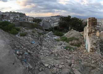 The ruins of a mosque destroyed by the war in the city of Taiz, Yemen