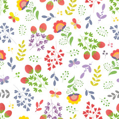 Vector flower illustration. Botanic seamless pattern with different flowers in traditional style. Folk gentle floral background