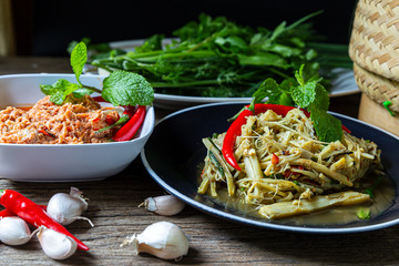 Boiled bamboo shoots, seasoning northeastern food on the table and served