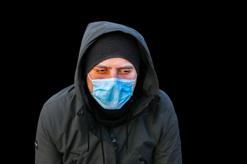 Epidemic Coronavirus. Man in face mask outdoors. Dangerous flu strain cases. Pandemic disease. Health problem concept. Epidemic viruses attack.