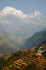 view of mountains and terraces on Sanctuary trek in Nepal