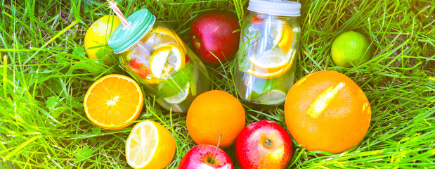 Fresh cocktails lemonade in jars with straws. Hipster summer drinks. Eco-friendly in the nature. Lemons, oranges and berries with mint in the glass. Green high grass outdoors. Summer background.