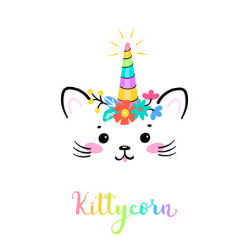 Vector Cute Unicorn Cat Head with Floral Wreath for Kids t-shirt Print Design and Birthday Party. Magic Caticorn or Kittycorn Nursery Poster. Magical Kitten Face with Unicorn Horn and Flower Crown