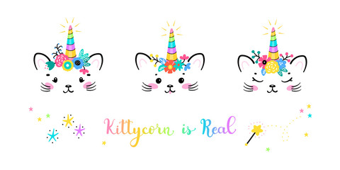 Naklejka premium Vector Set Cute Unicorn Cat Head with Floral Wreath for Kids t-shirt Print Design. Magic Caticorn or Kittycorn Nursery Poster. Magical Kitten Face with Unicorn Horn and Flower Crown. Kittycorn is Real