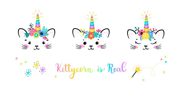 Vector Set Cute Unicorn Cat Head with Floral Wreath for Kids t-shirt Print Design. Magic Caticorn or Kittycorn Nursery Poster. Magical Kitten Face with Unicorn Horn and Flower Crown. Kittycorn is Real
