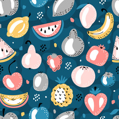 Colorful Vector Seamless Pattern with Cartoon Doodle Cute Fruits and Berries. Summer Fruit Food Childish Background