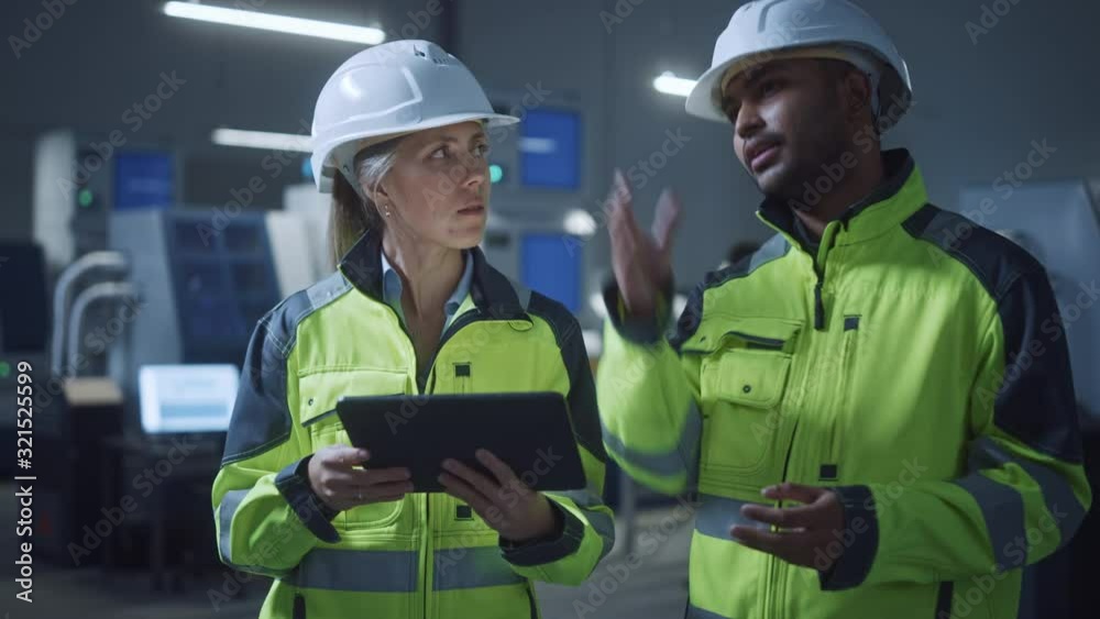 Poster chief engineer and project manager wearing safety vests and hard hats, use digital tablet computer i