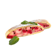 Apple, cherry strudel with mint, isolated on white