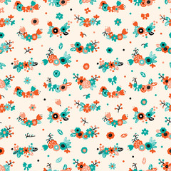 Helder eenvoudig bloemboeketten naadloos patroon. Leuke Bloemen Vector Kleurrijke Achtergrond. Ontwerp met veelkleurige bloemenprint