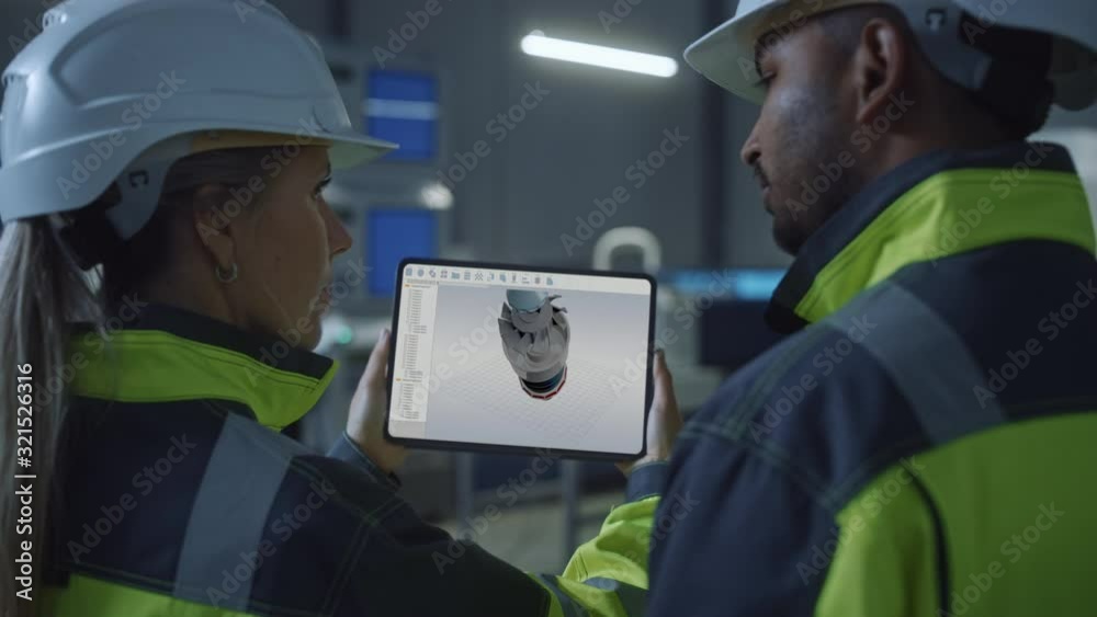 Aufkleber industry 4.0 factory: chief engineer and project supervisor in safety vests and hard hats, talk, use