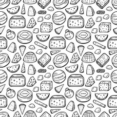 Various Types of Cheese Seamless pattern. Cheese Pieces and Slices Doodle Sketch Vector Background