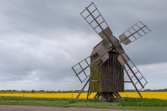 Old wooden windmills on the island Oland, Sweden