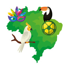 map of brazil with parrot and icons traditionals vector illustration design