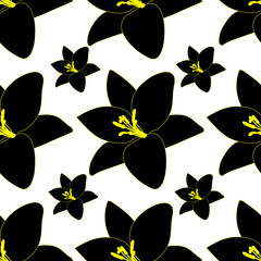 Black Lily. Abstract floral background. Endless vector pattern. Isolated colorless background.Seamless repeating ornament. Summer flower. Cartoon style. Web design, cover, packaging.  Floral print.