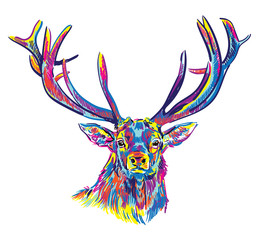 Deer with big horns. Stylish multi-colored print. - 321528334