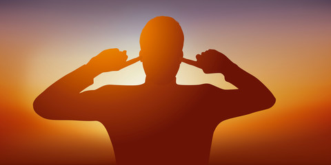 Concept illustrant un proverbe chinois avec un homme qui refuse d&rsquo;entendre le mal en se bouchant les oreilles comme les trois singes de la sagesses.