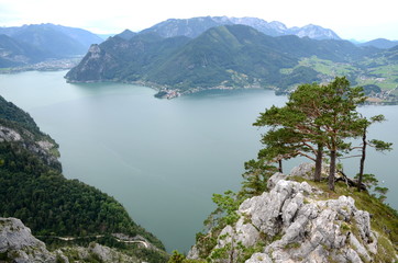 Lake Traunsee in the Salzkammergut region in Austria viewed from Mount Traunstein
