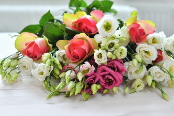 Valentine card.Template greeting card for Valentine's Day with white eustomas and pink roses. Spring card for Mother's Day, Women's Day. Copy space. Congratulations on wedding or anniversary. March 8