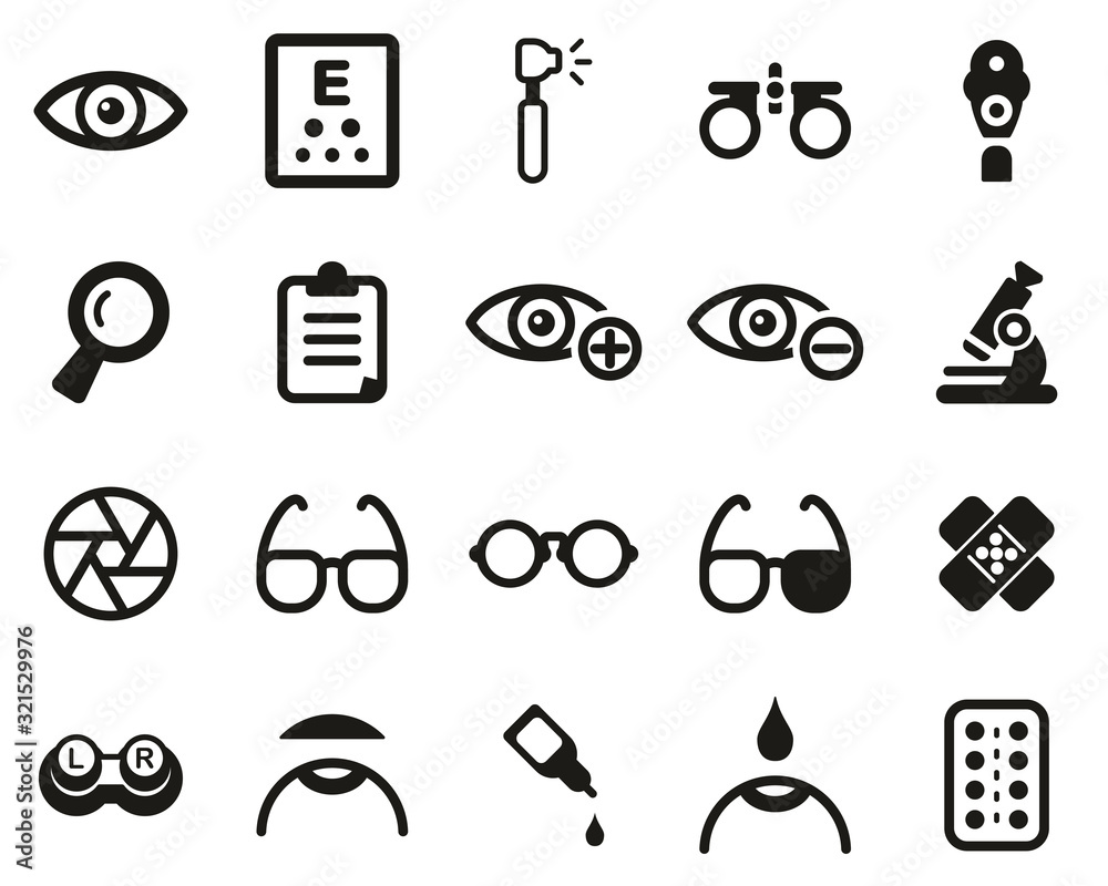 Sticker Optometry Exam & Optometry Equipment Icons Black & White Set Big