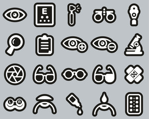 Optometry Exam & Optometry Equipment Icons White On Black Sticker Set Big